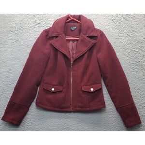 Bebe Blazer Jacket Womens Medium Burgundy Lined Flap Pockets Peak Lapel Full Zip